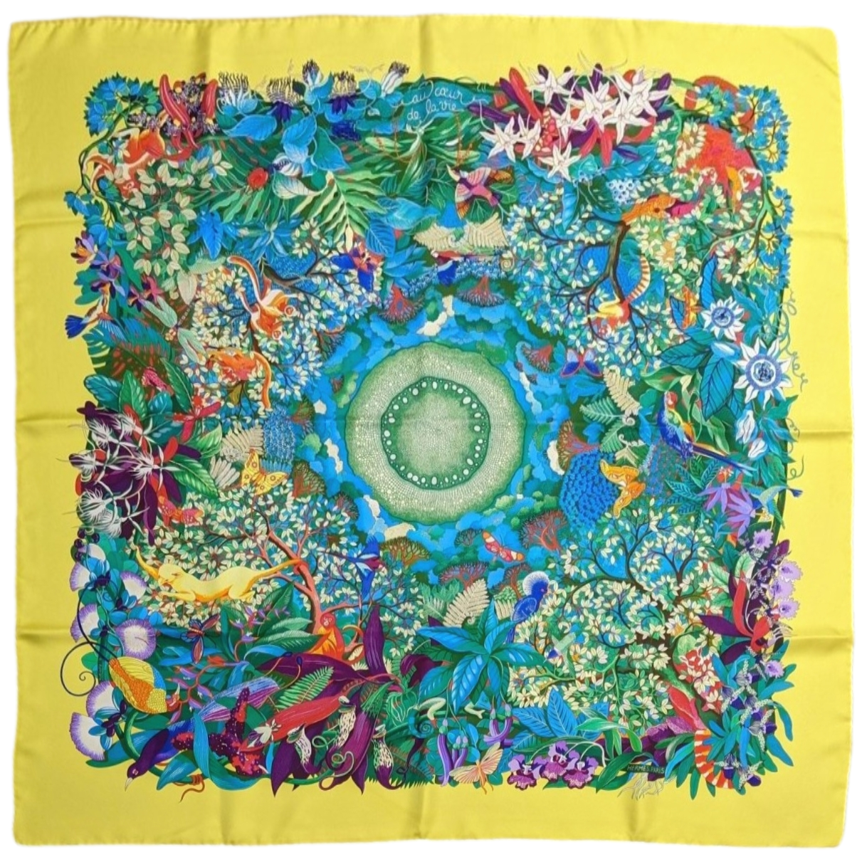 Hermes 2007 Jaune/Multi Au Coeur de la Vie by Aline Honore Twill 90cm