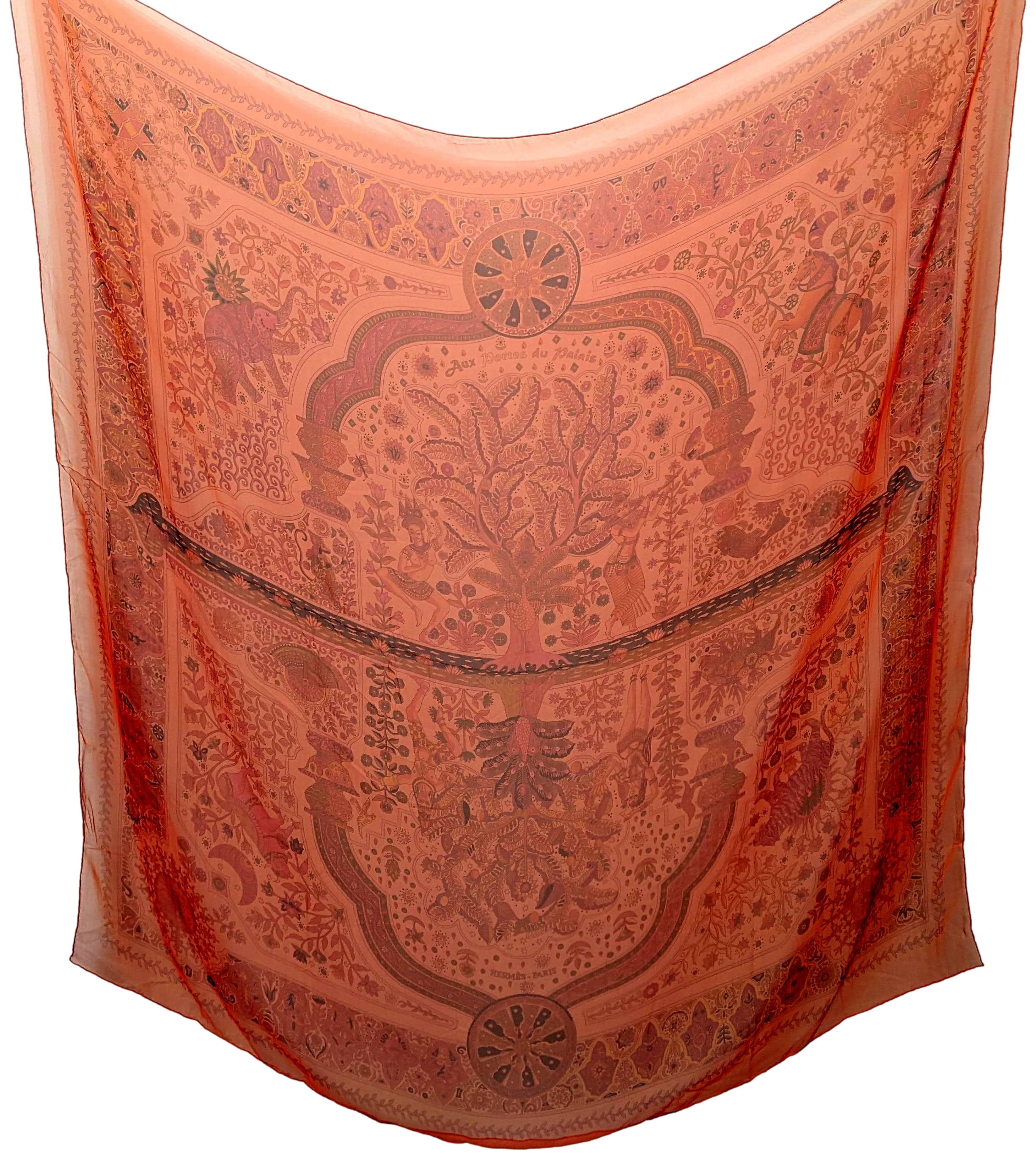 Hermes Lipstick/Corail " Aux Portes du Palais " by Christine Henry Mousseline Shawl 140