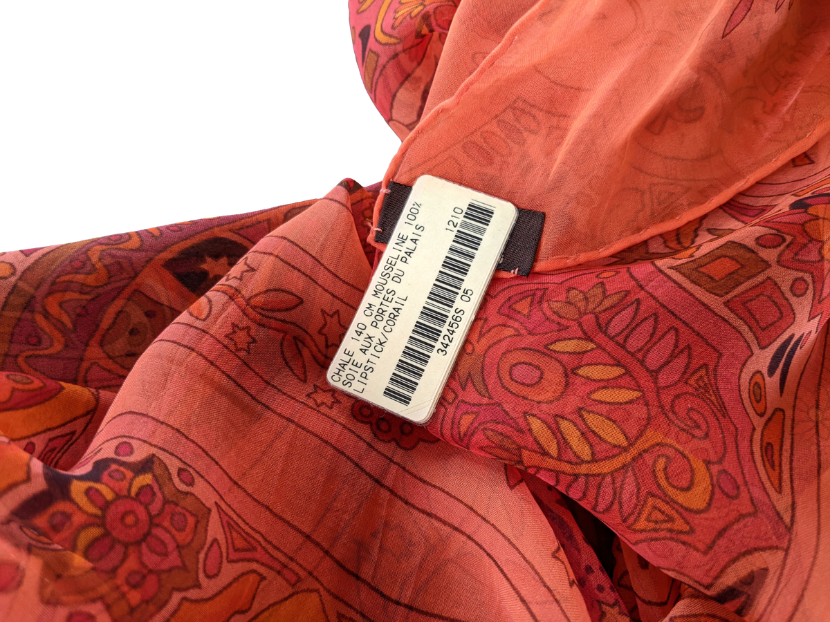 Hermes Lipstick/Corail " Aux Portes du Palais " by Christine Henry Mousseline Shawl 140
