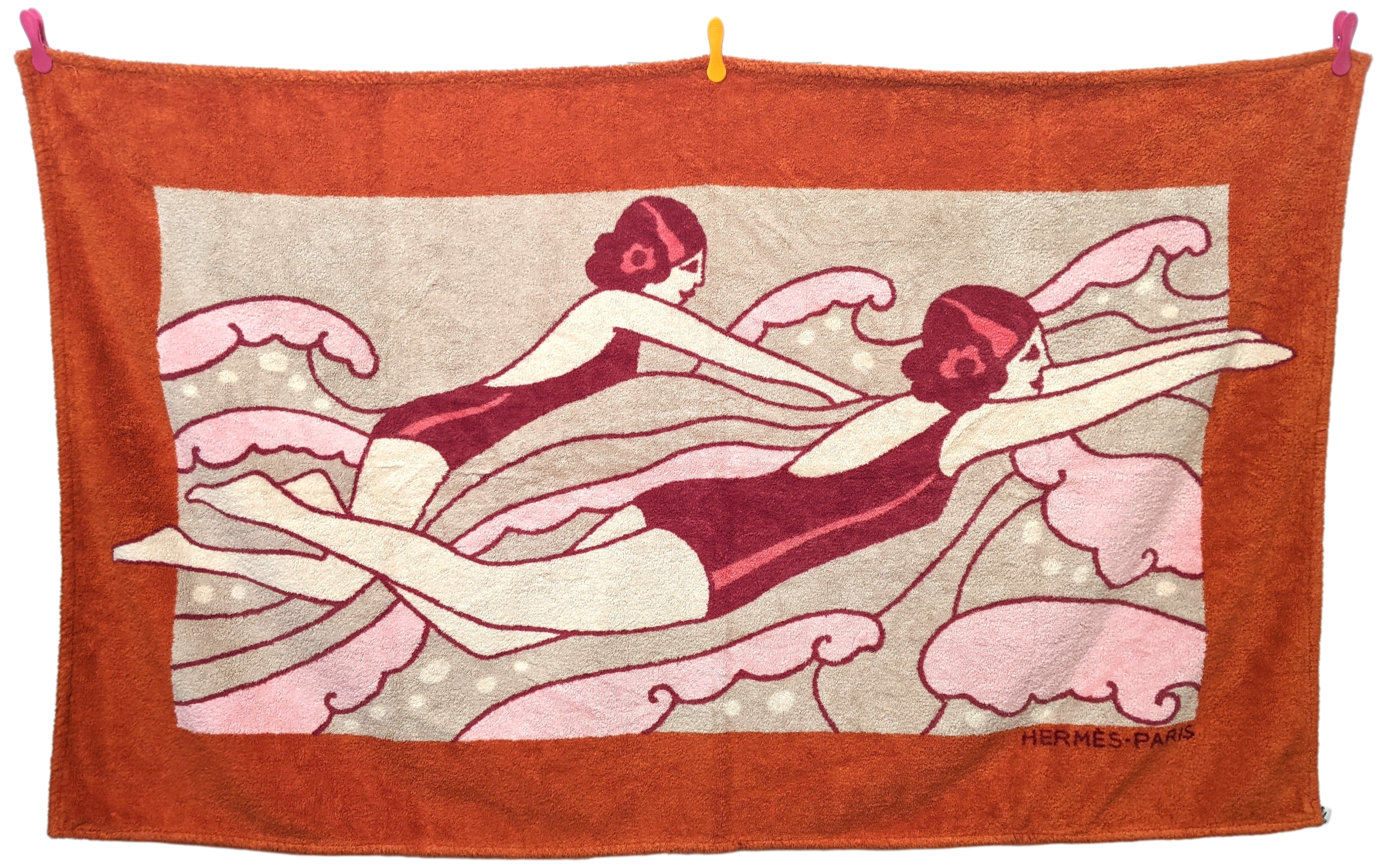 Hermes Orange/Bordeaux/Rose " Bal des Sirenes " Art Deco Tapis de Plage Terry Beach Towel 150 x 90cm