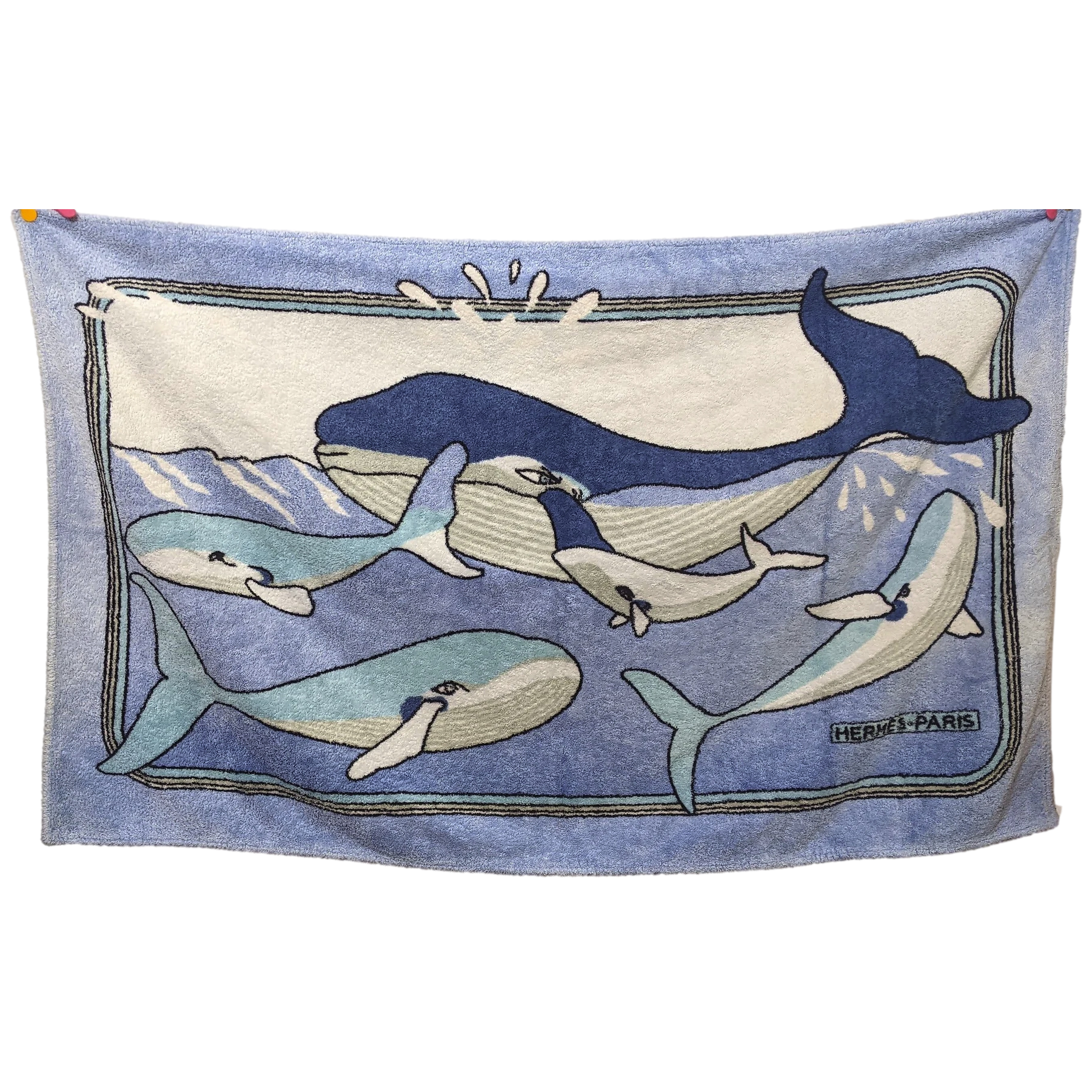 Hermes Vintage Bleu dégradé/Bleu/Blanc "Baleines" Whales Beach Towel 90 x 150 cm