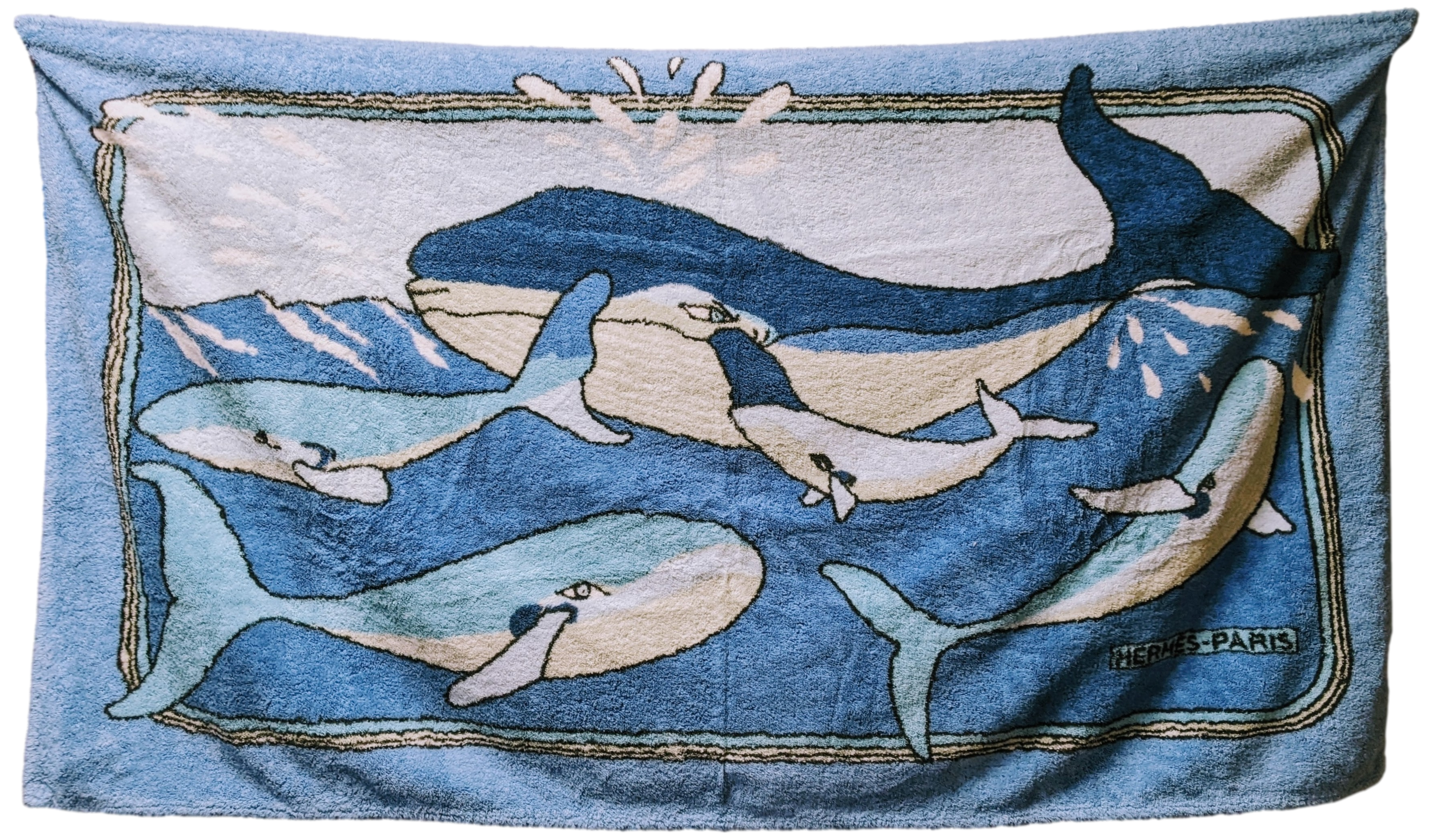 Produits Hermes Vintage Blue "Baleines" Terry Cotton Beach Towel GM 90 x 150 cm