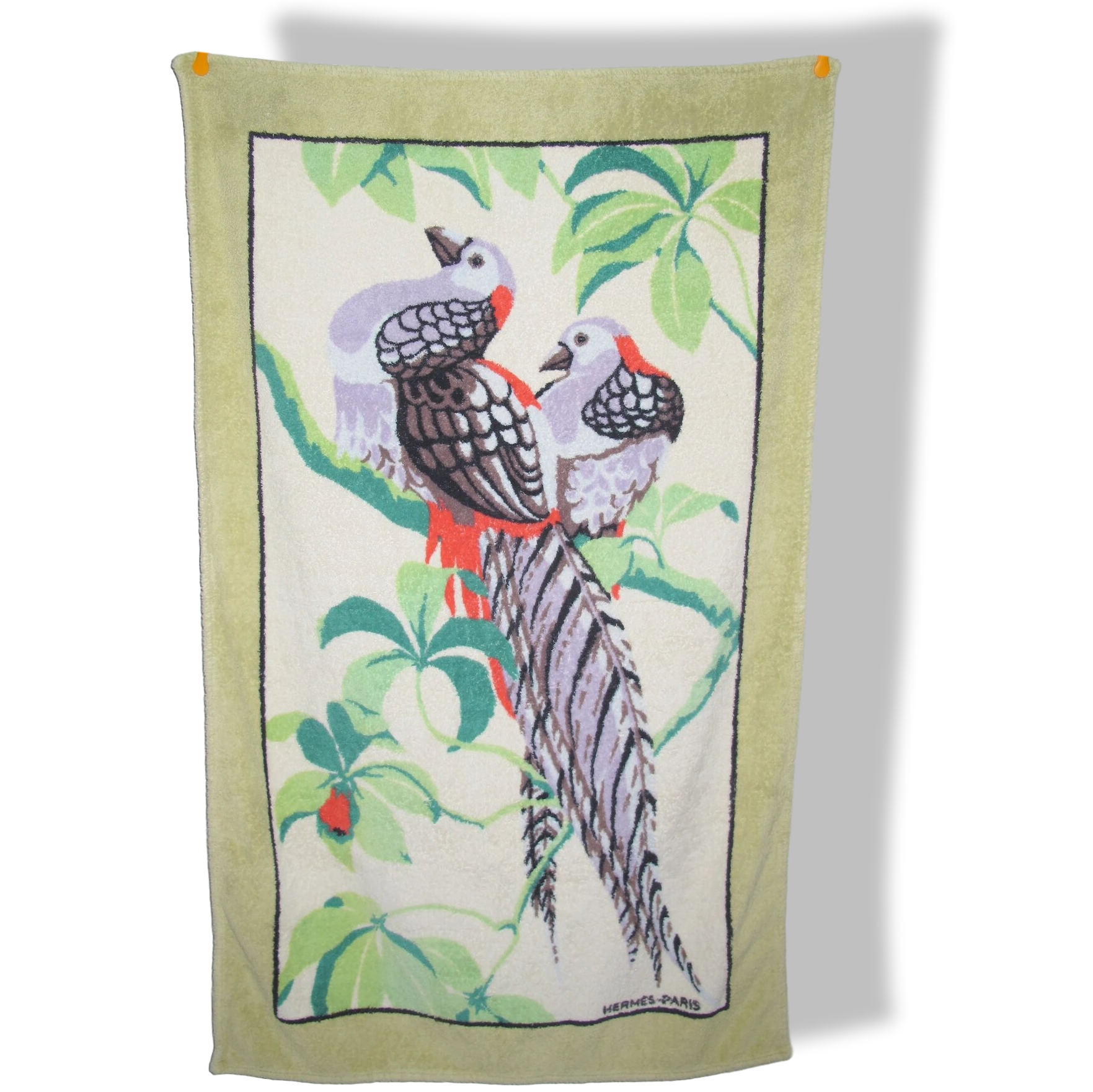 Hermes Vintage Anis/Mutli/Blanc BIRDS Tapis de Plage Terry Beach Towel 150 x 90 cm