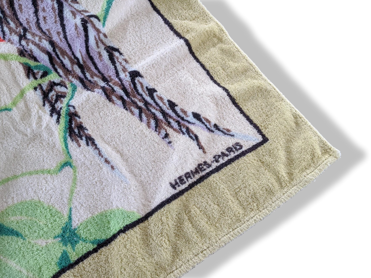 Hermes Vintage Anis/Mutli/Blanc BIRDS Tapis de Plage Terry Beach Towel 150 x 90 cm