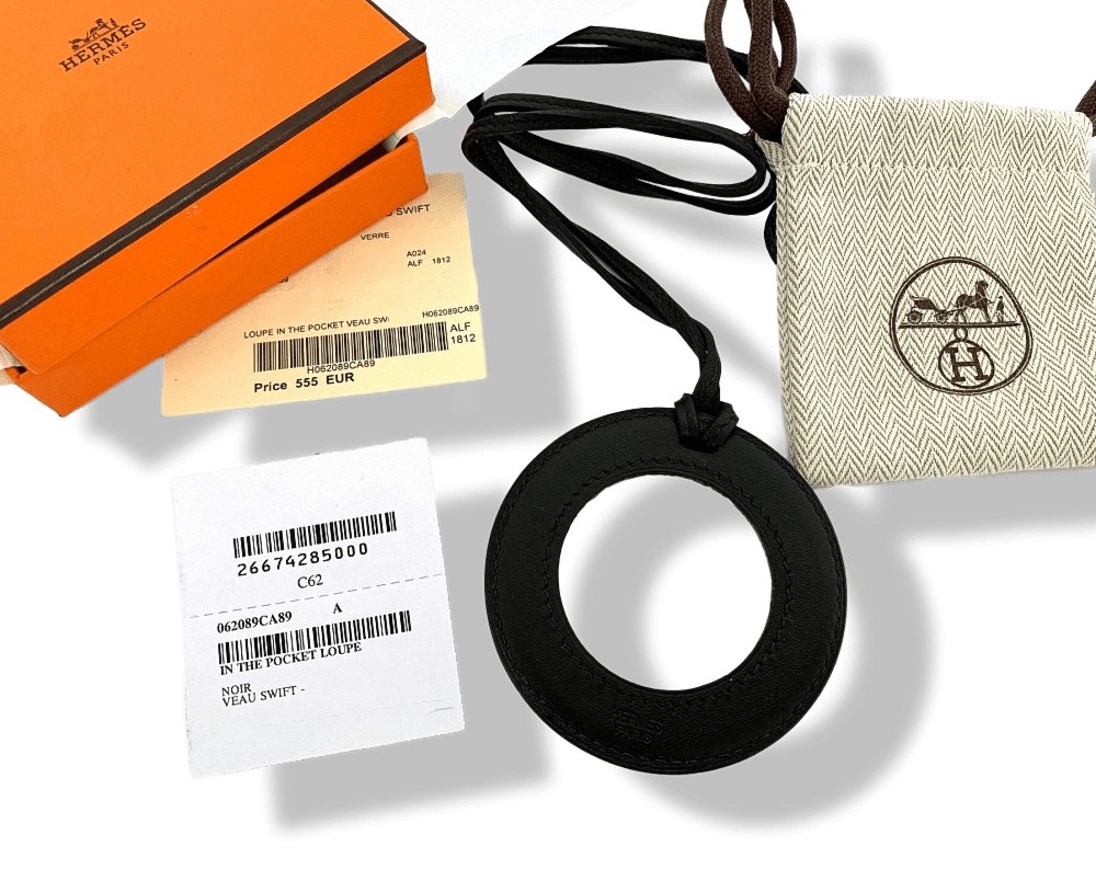 Hermes Black Calfskin Swift IN THE POCKET Magnifying Glass Pendant Sautoir, BNIB!