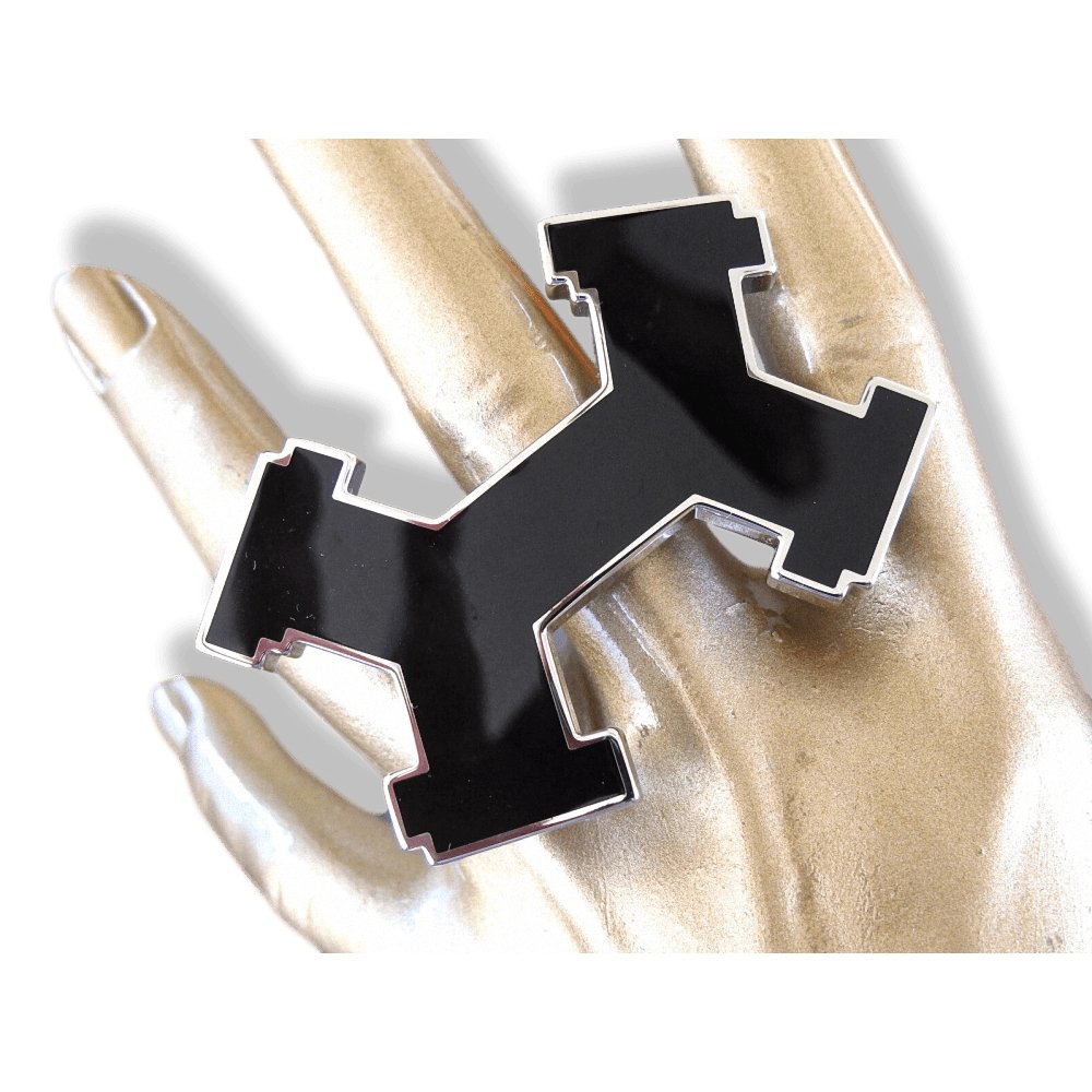 Hermes Black Lacquered Enamel & Palladium STREET Belt Buckle H 32 mm, New! - poupishop