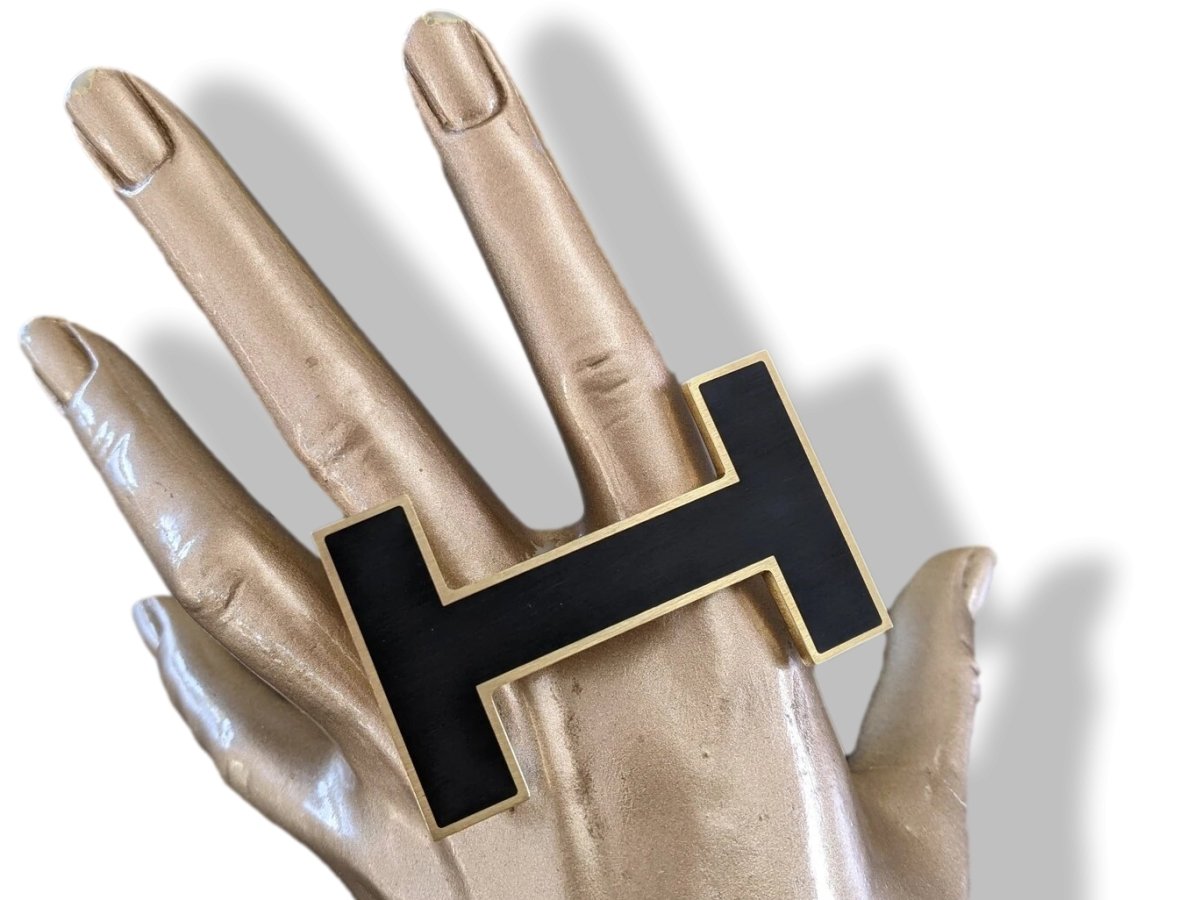 Hermes Black Matt Enamel/Brushed Permabrass QUIZZ BROSSÉ Belt Buckle H 32mm, New! - poupishop