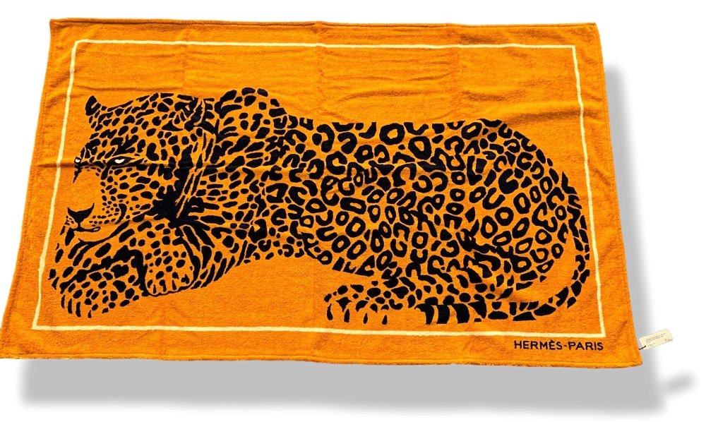 Hermes Black Orange CHEETAH Tapis de Plage Terry Beach Towel, XL 150 x 90cm cm, BNWT! - poupishop