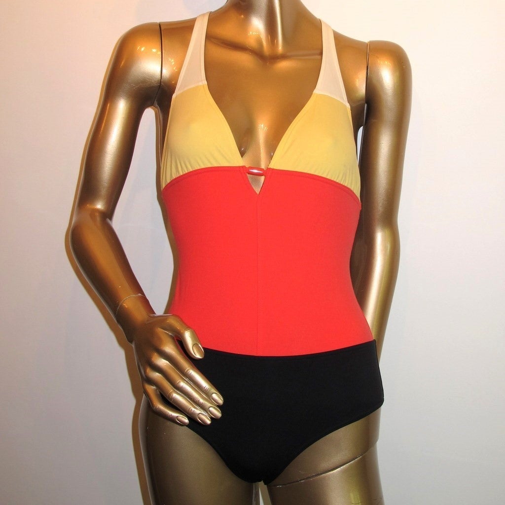 Hermes Black Red Jaune White Swimsuit 1pc Sz40, NEW! - poupishop