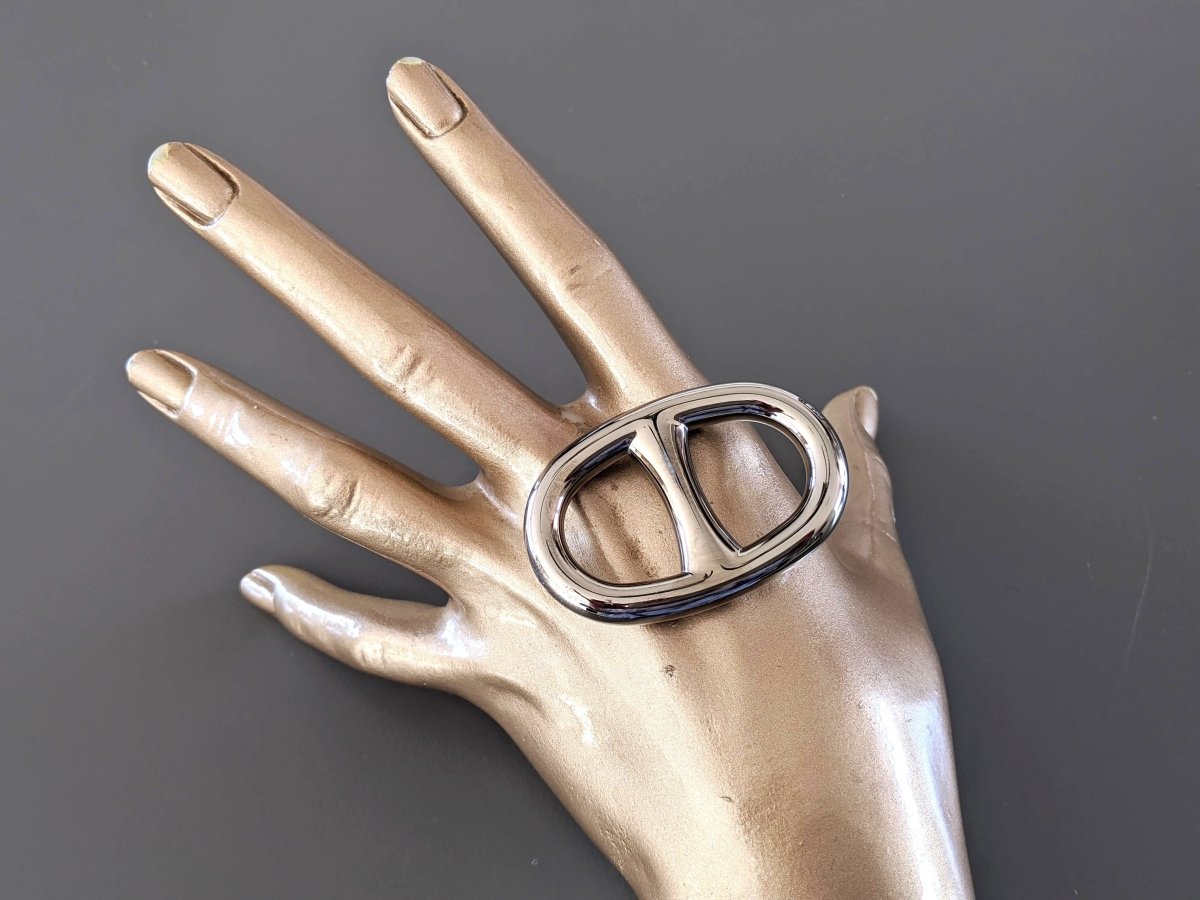 Hermes Blackened Plated Silver CHAINE D'ANCRE GM Scarf Ring, Box!