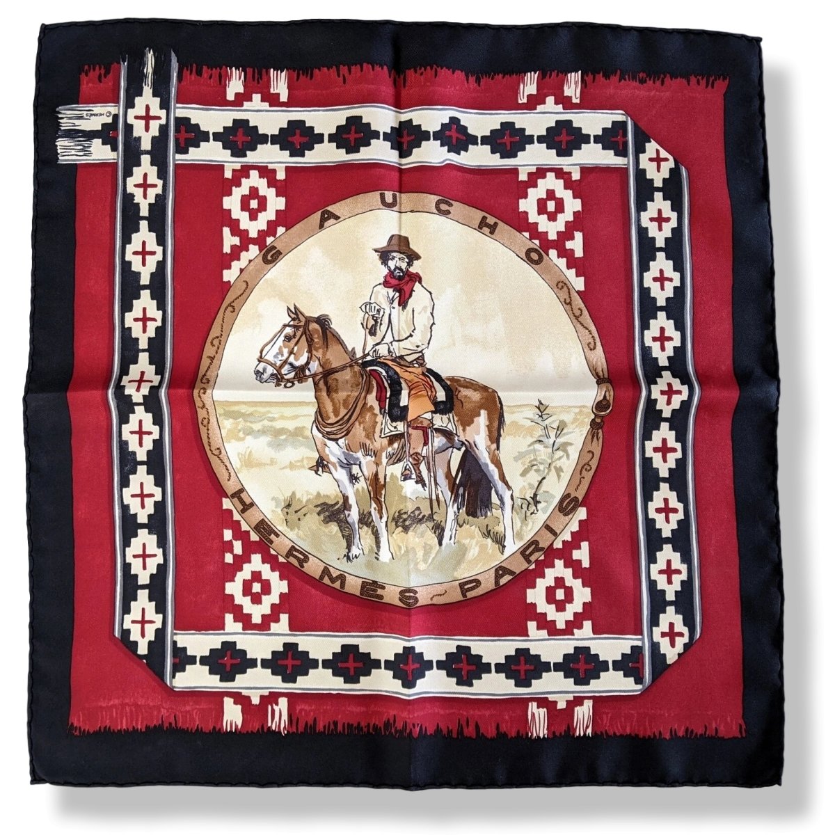 Hermes Black/Red GAUCHO Gavroche Pochette Twill Scarf 45 cm, RARE!