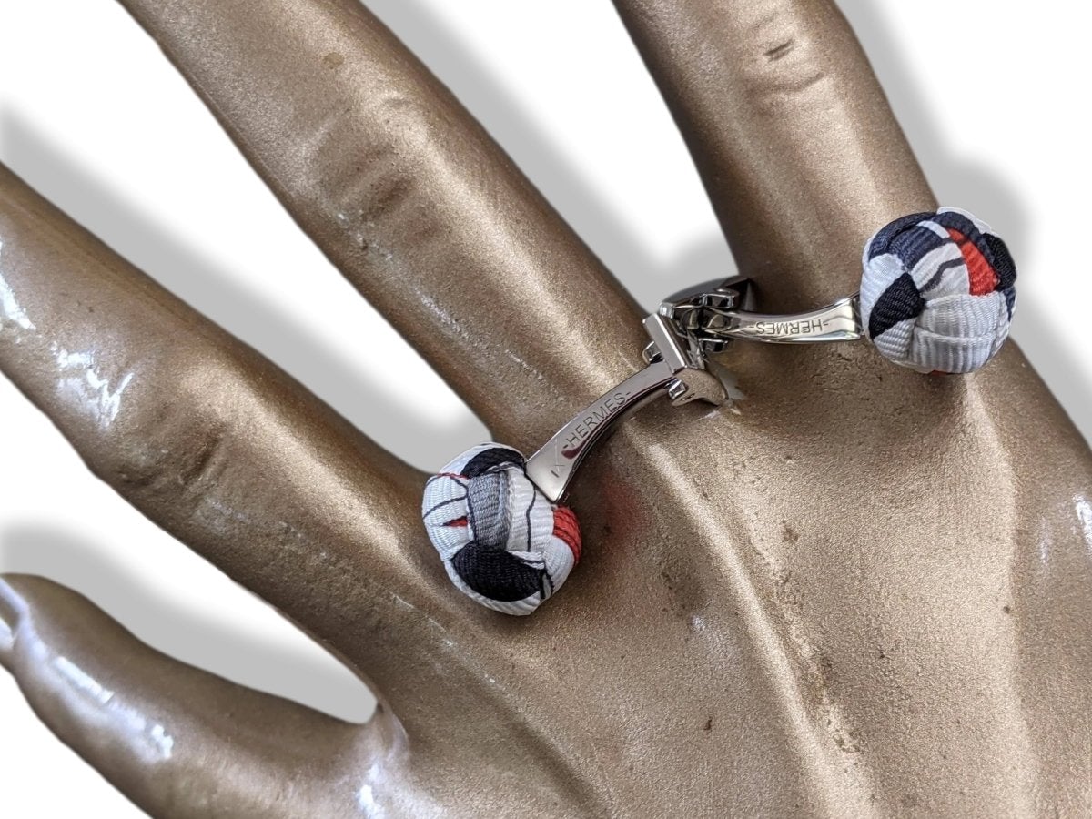 Hermes Black/White/Red Silk Pom-Pom Pompon Cufflinks, New in Pochette!