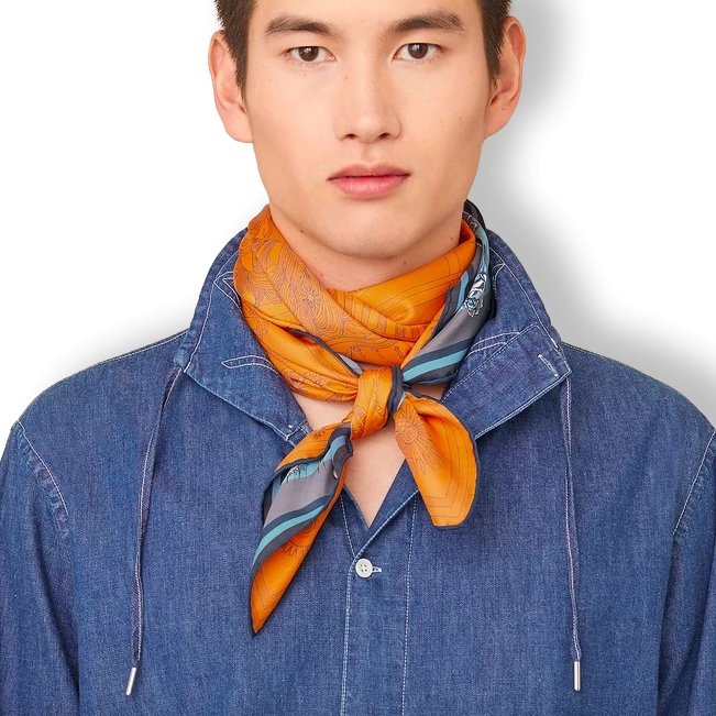 Hermes Bleu Clair/Orange C'EST LA FETE by Daiske Nomura DOUBLE FACE Twill Scarf 90, BNWTIB!