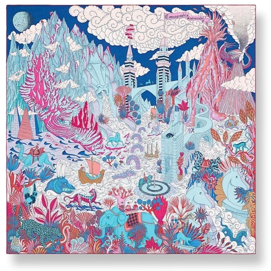 Hermes Bleu Jeans/Rose Vif/Marine Cosmographia Universalis by Jan Bajtlik Twill scarf, Box_