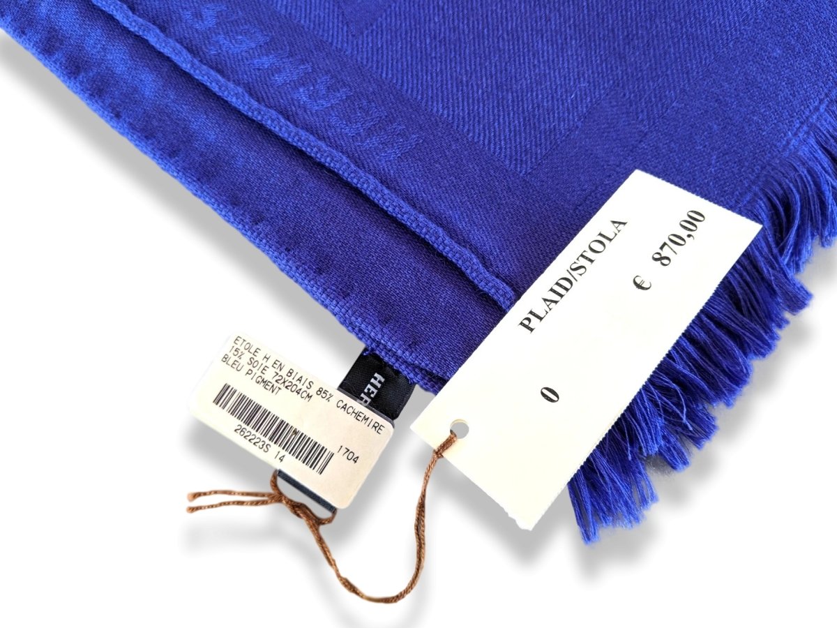 Hermes Bleu Pigment Fringed Etole H EN BIAIS 85% Cashmere 72 x 204 cm, BNWT!