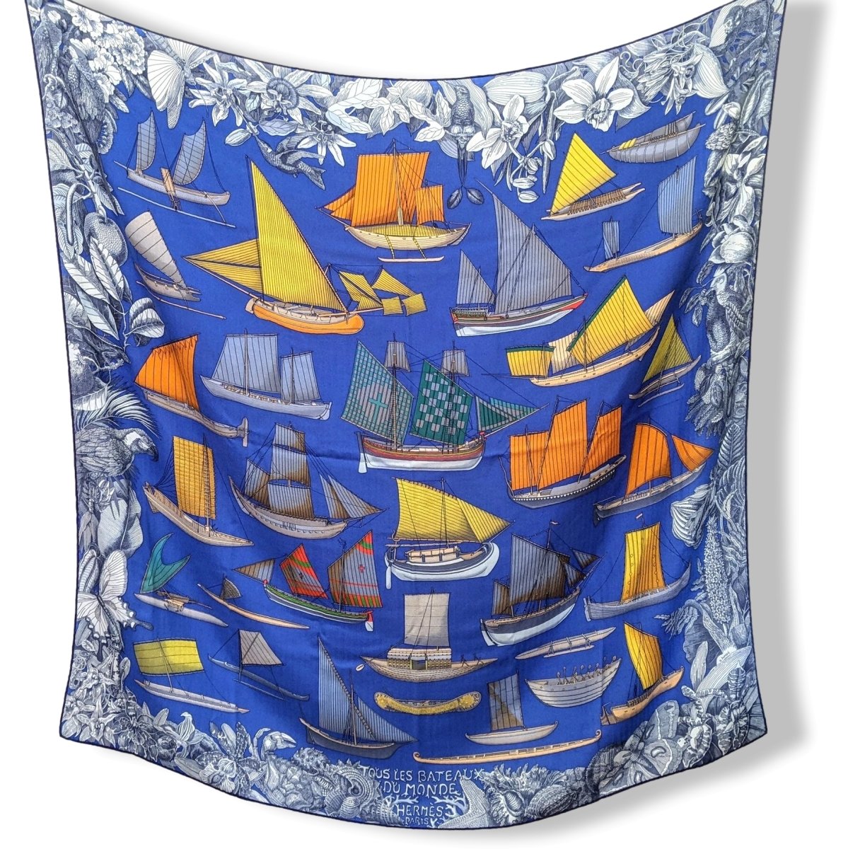 Hermes Bleu/Jaune/Orange TOUS LES BATEAUX DU MONDE by Aline Honore Cashmere Shawl 140, Superb!