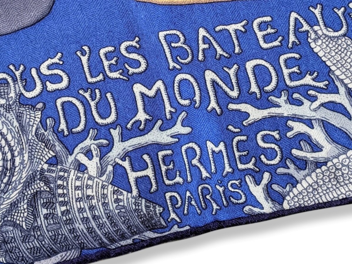 Hermes Bleu/Jaune/Orange TOUS LES BATEAUX DU MONDE by Aline Honore Cashmere Shawl 140, Superb!