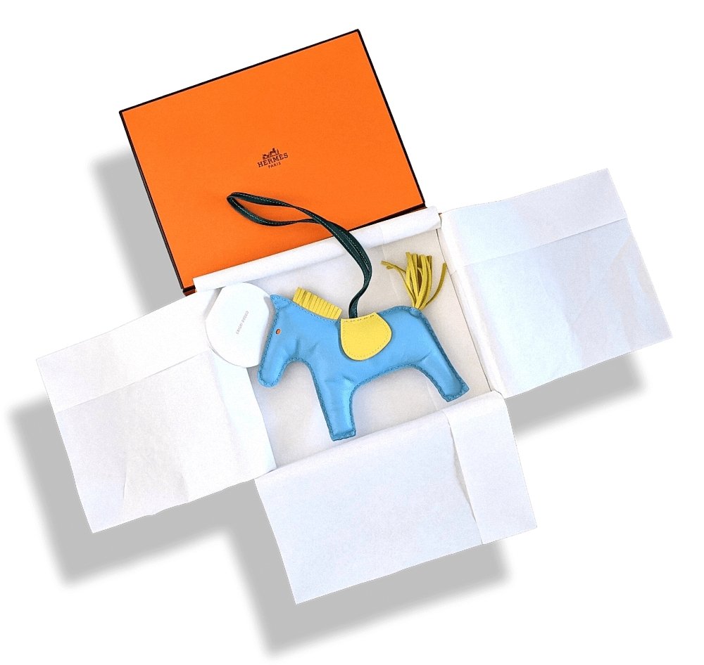 Hermes Blue Celeste/Yellow/Malachite Lamb Milo RODEO GM Horse Bag Charm, BNWTIB! - poupishop