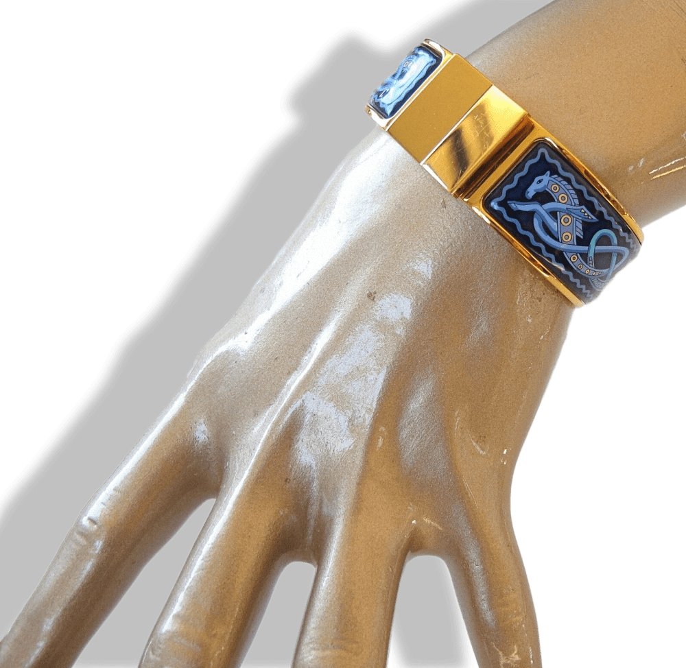 Hermes Blue Enamel/Gold Horses Clic Clac Bangle Bracelet Sz S, Box! - poupishop