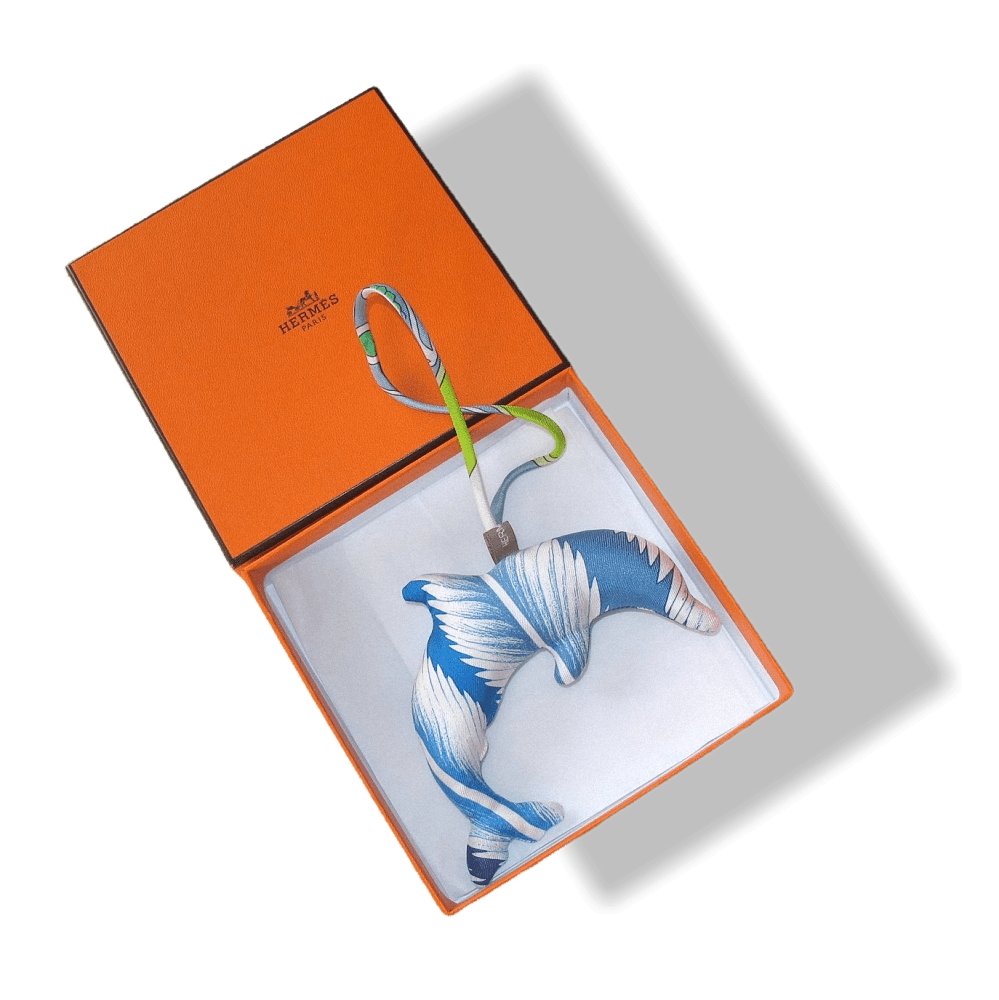 Hermes Blue Silk Bridle "Plumes" Dolphin Petit H Bag Charm, NIB! - poupishop