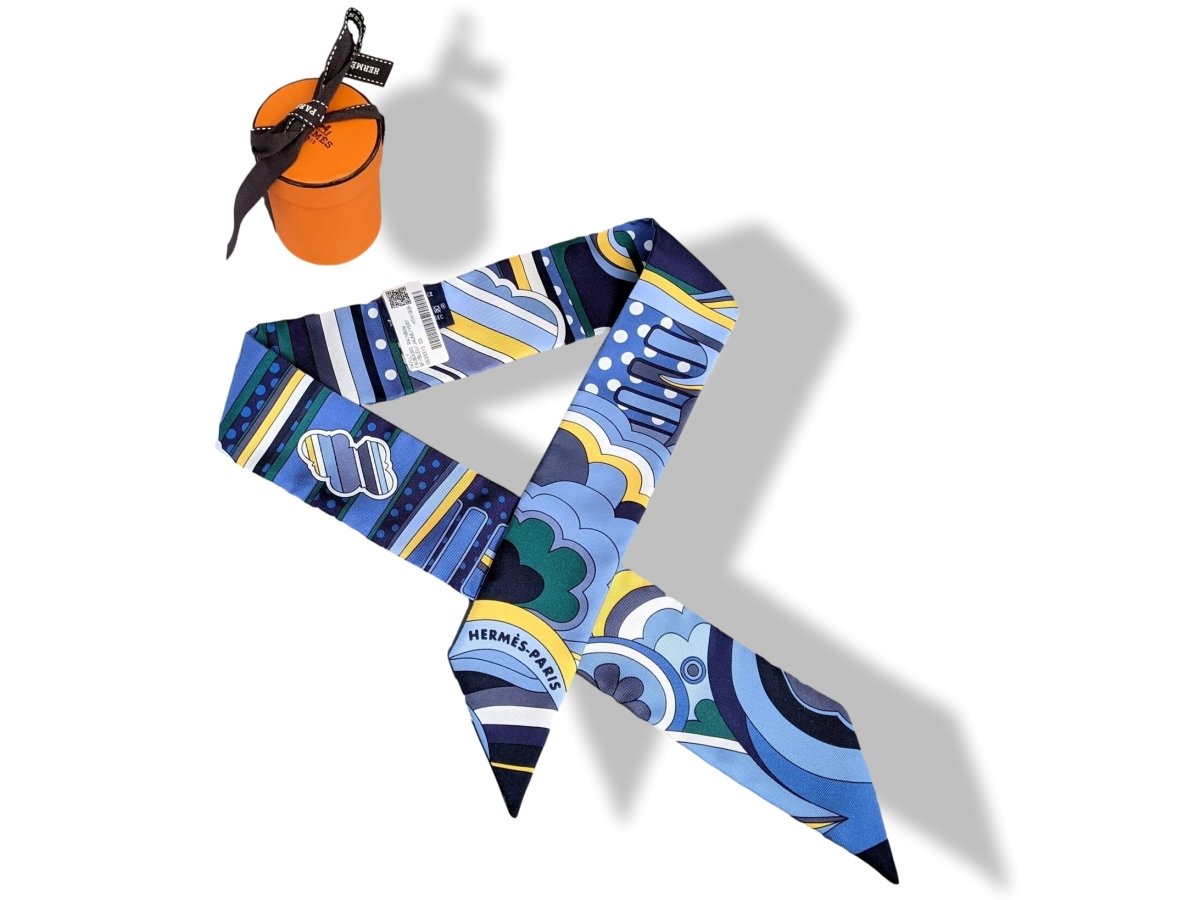 Hermes Blue Yellow Green Faubourg Rainbow Silk Twilly, NWTIB! - poupishop