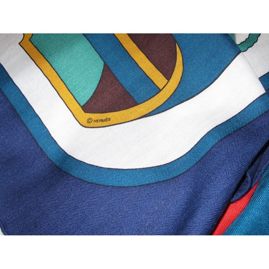Hermes Blue/White Thalassa by Pierre Péron Cashmere Shawl 140, New! - poupishop