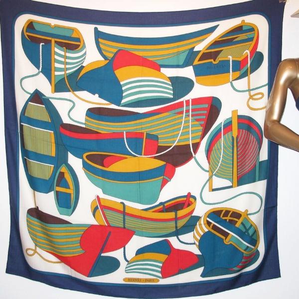 Hermes Blue/White Thalassa by Pierre Péron Cashmere Shawl 140, New! - poupishop