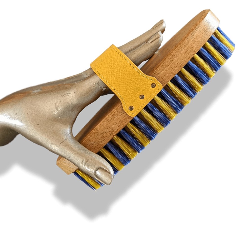 Hermes Blue/Yellow Equistrian Leather/Wood/Silk HORSE BODY BRUSH, BNEW! - poupishop