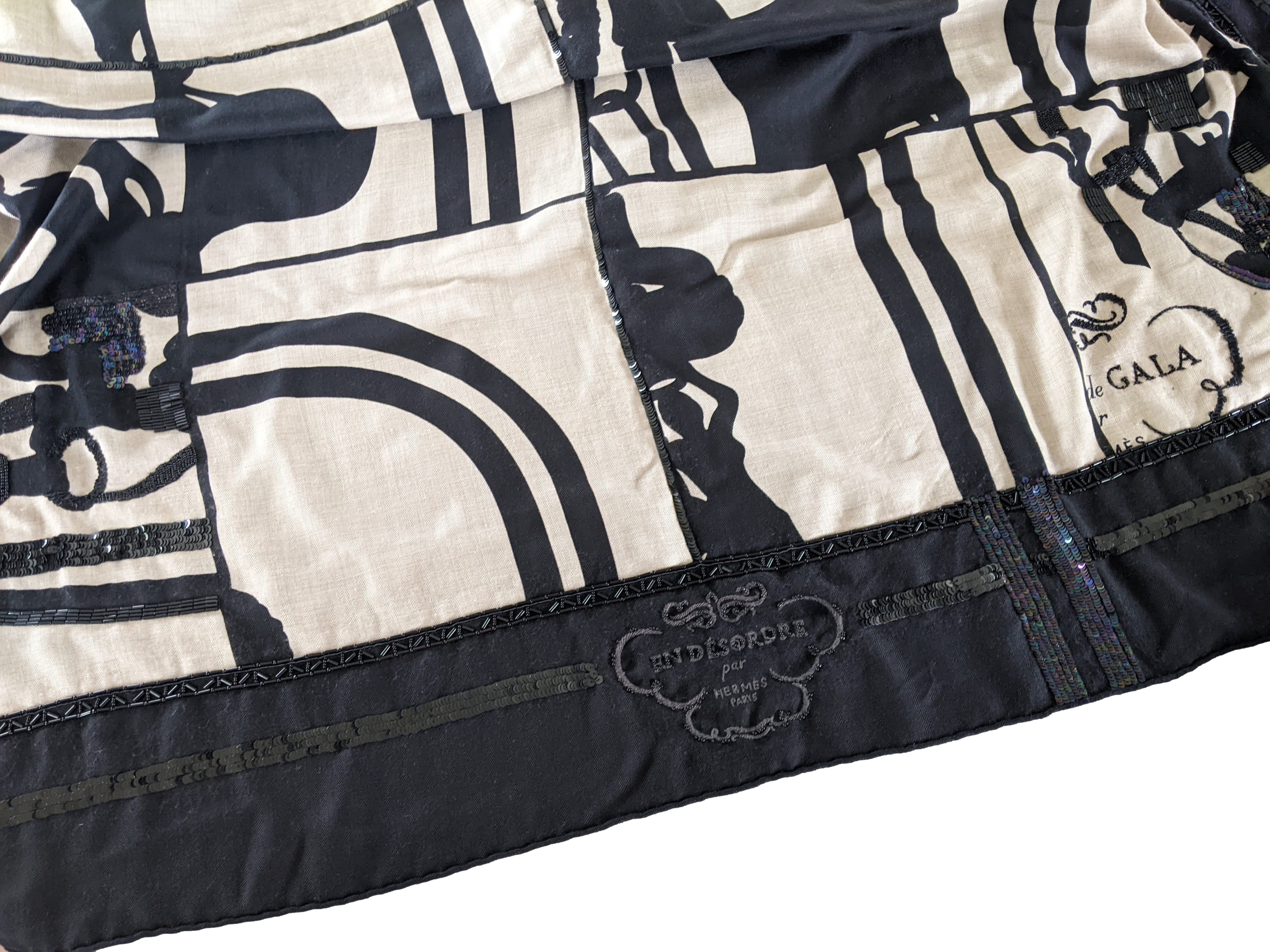 Hermes 2008 Precious Shiny Noir/Naturel Embroidered "Brides de Gala en Desordre" Cashmere Shawl 140