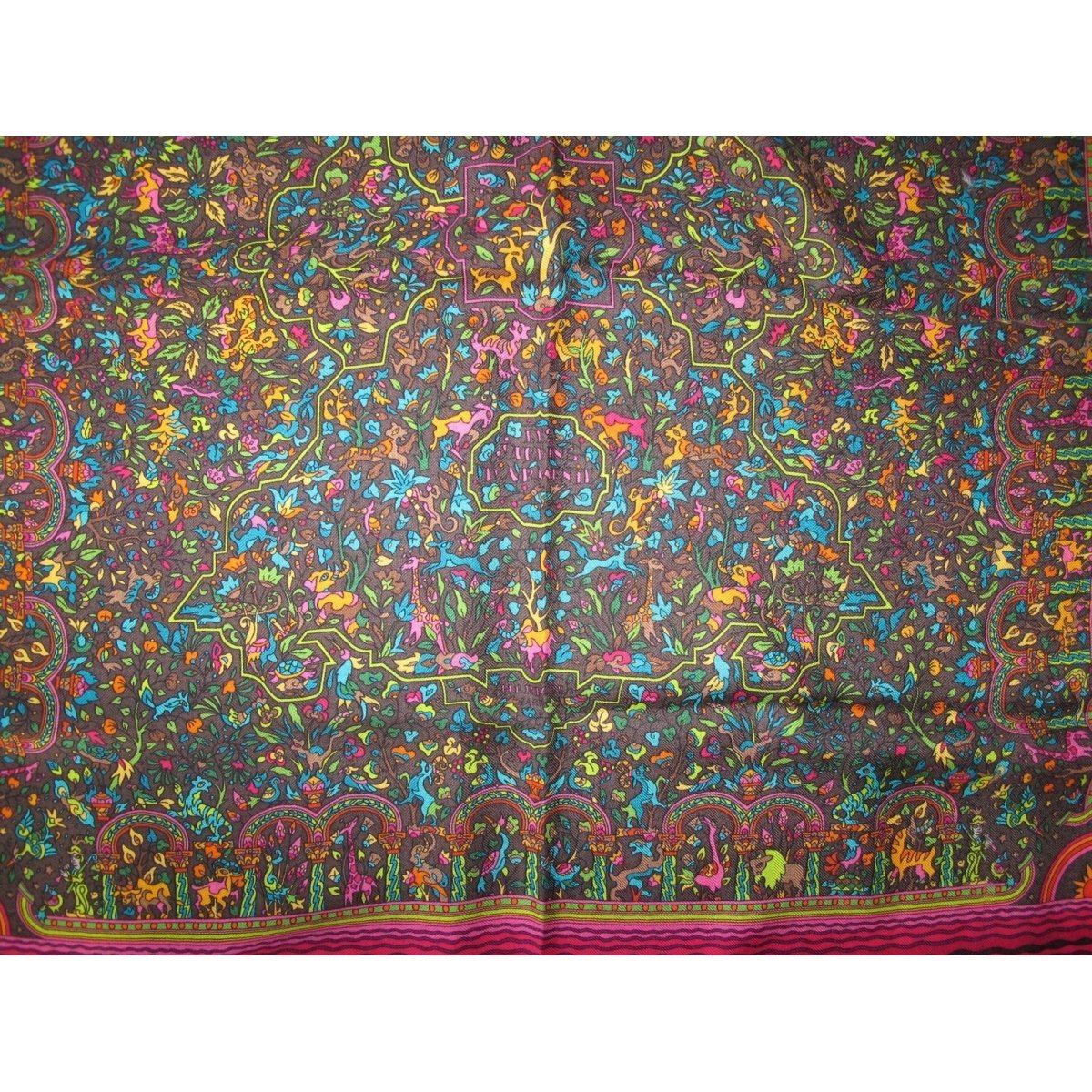 Hermes Brown Fuchsia Jardins d' Armenie Cashmere Fringed Stole, Rare, New! - poupishop