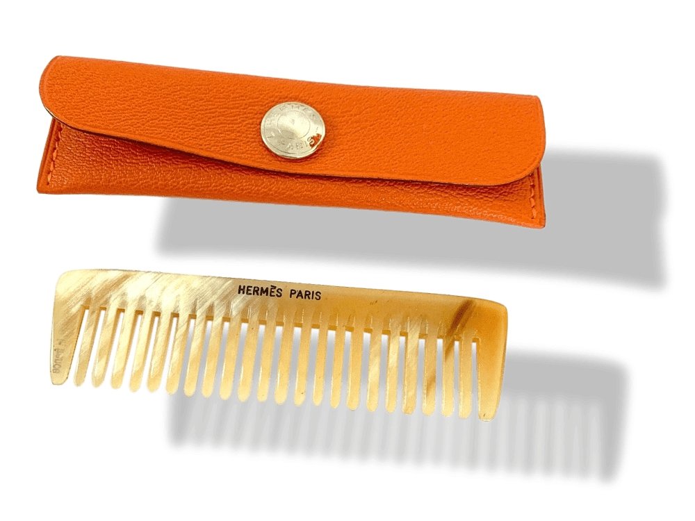Hermes Buffalo Horn COMB in Orange Goat Leather Case with Clou de selle Snap , NIB! - poupishop