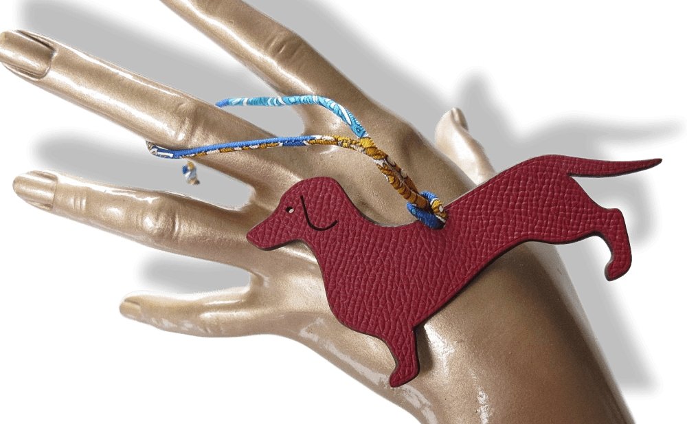 HERMES Burgundy Blue Dog BASSET Basset Hound PETIT H Bag Charm, NIB! - poupishop