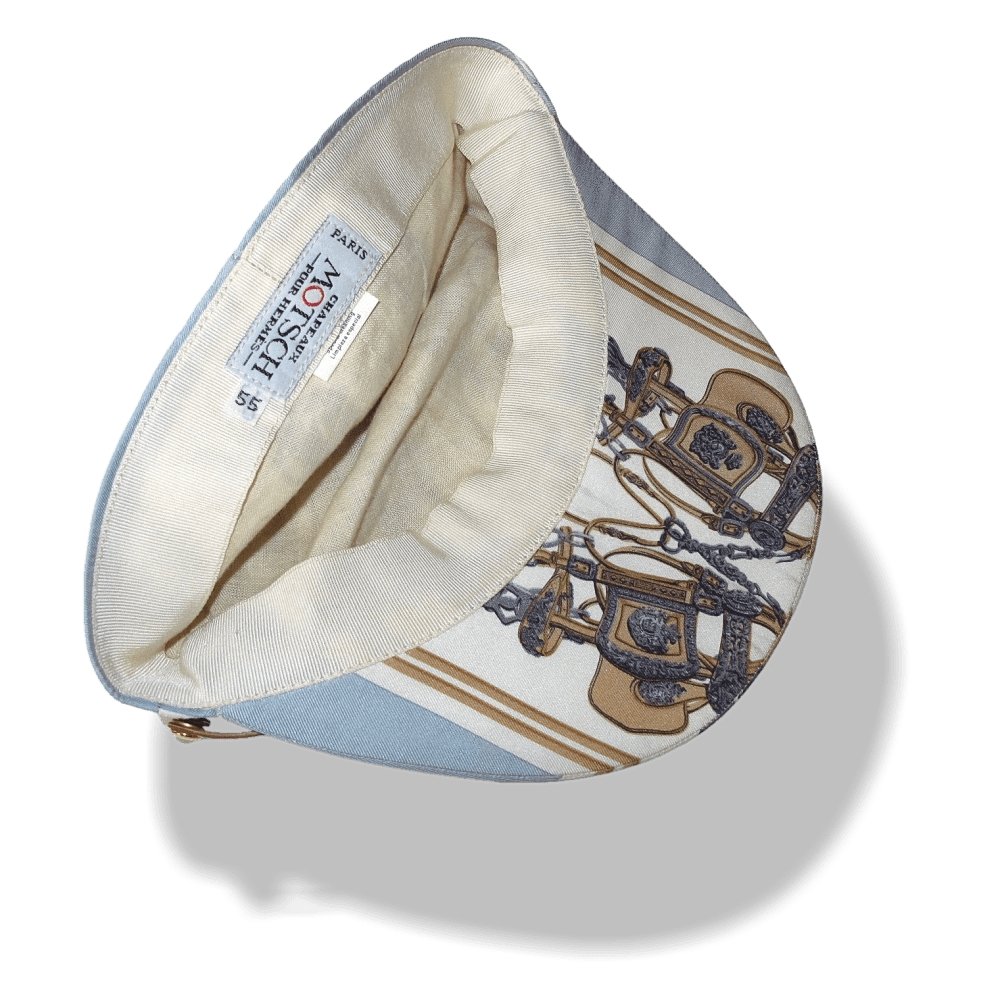 Hermes by Motsch Baby Blue Printed Silk Brides de Gala & Leather Strap Cap Hat Sz55, New! - poupishop