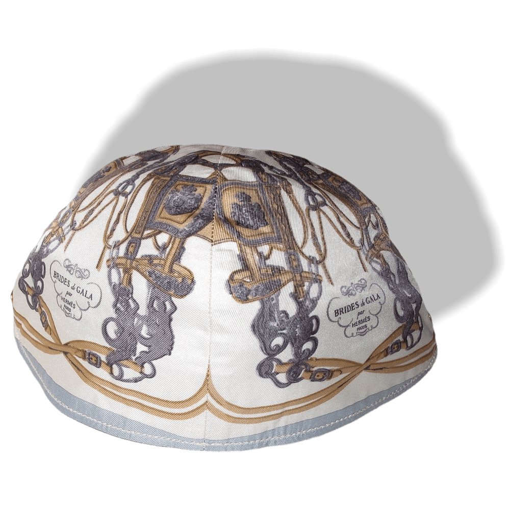 Hermes by Motsch Baby Blue Printed Silk Brides de Gala & Leather Strap Cap Hat Sz55, New! - poupishop