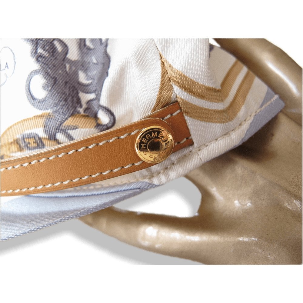 Hermes by Motsch Baby Blue Printed Silk Brides de Gala & Leather Strap Cap Hat Sz55, New! - poupishop