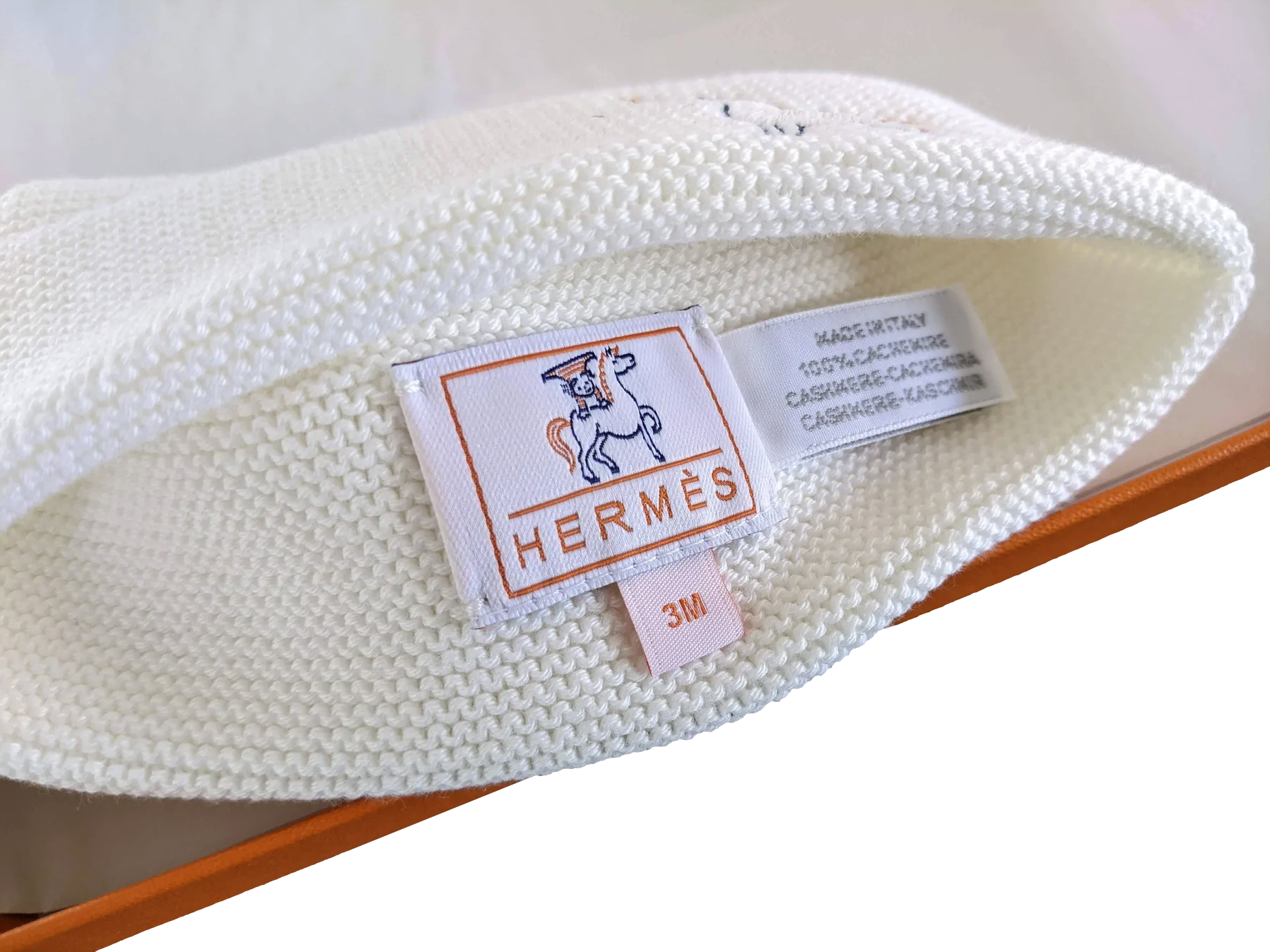 Hermes Blanc Creme "Bonnet Cabriole" by Alice Charbin Baby Hat 3M