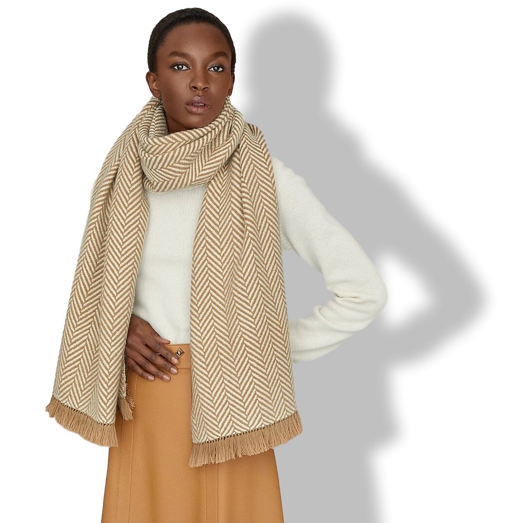 Hermes Camel/Ivoire Fringed 100% Cashmere ETOLE CHEVRON ARTISANALE Muffler Hand Woven in Nepal 70 x 200 cm, BNWT! - poupishop