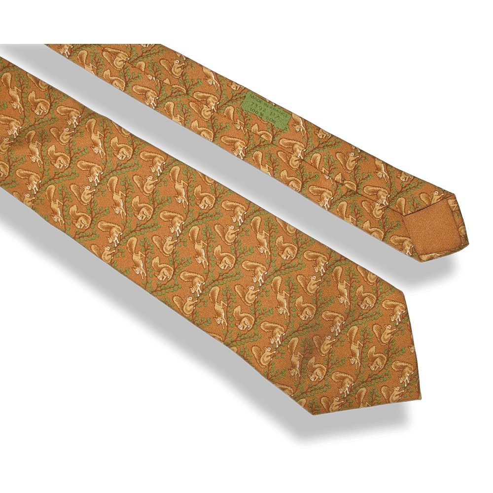 Hermes Caramel Green Squirrrels Silk Tie 7392 PA, Mint! - poupishop