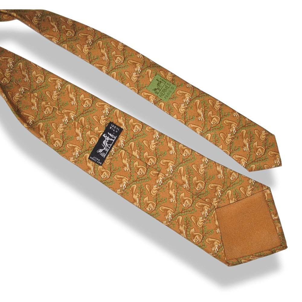 Hermes Caramel Green Squirrrels Silk Tie 7392 PA, Mint! - poupishop