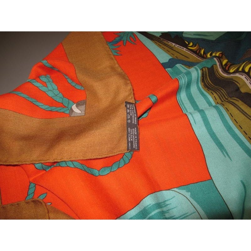 Hermes Caramel/Baby BLue/Red Cuirs du Desert Detail Cashmere Shawl 140, New! - poupishop