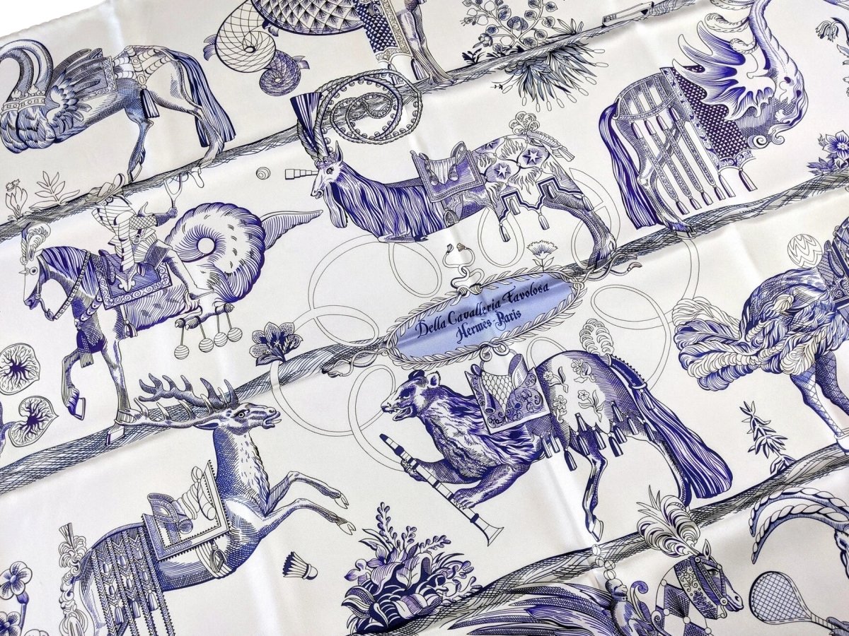 Hermes CARRE DOUBLE FACE Della Cavalleria Favolosa by Virginie Jamin Twill Scarf 90cm, BNIB! - poupishop