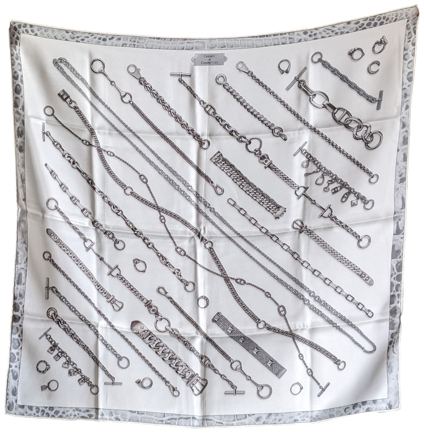 Hermes 2009 cw04 White Grey "Chaines et Gourmettes" Vintage silk 70 x 70 cm