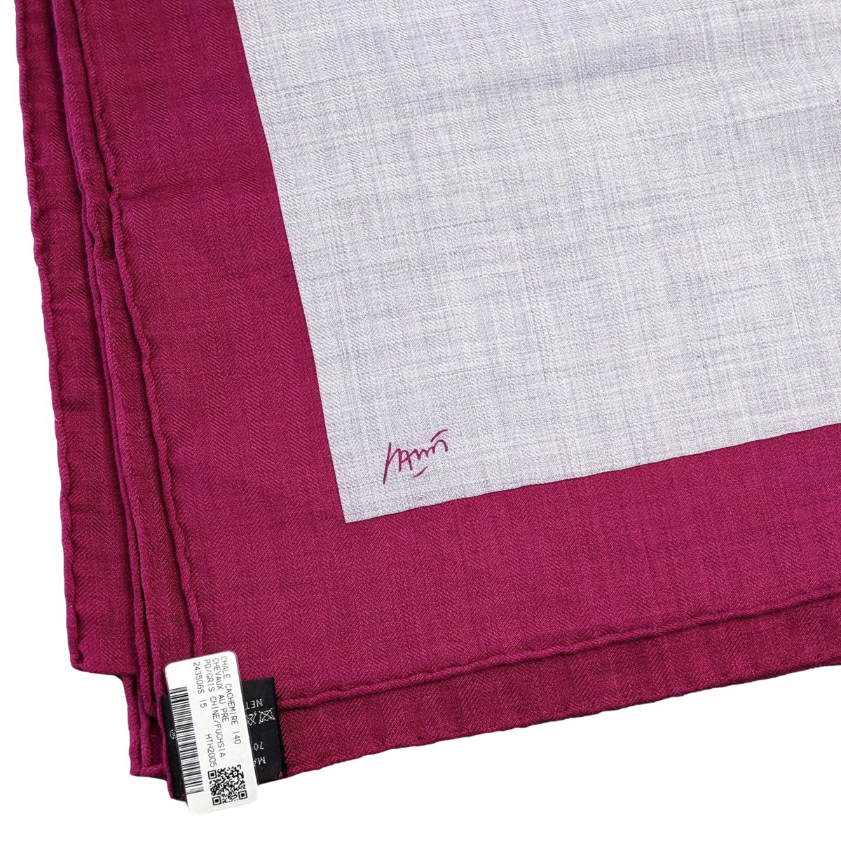 Hermes Gris Chine/Fuchsia "Chevaux au Pre" by Jean-Louis Sauvat Cashmere Shawl 140