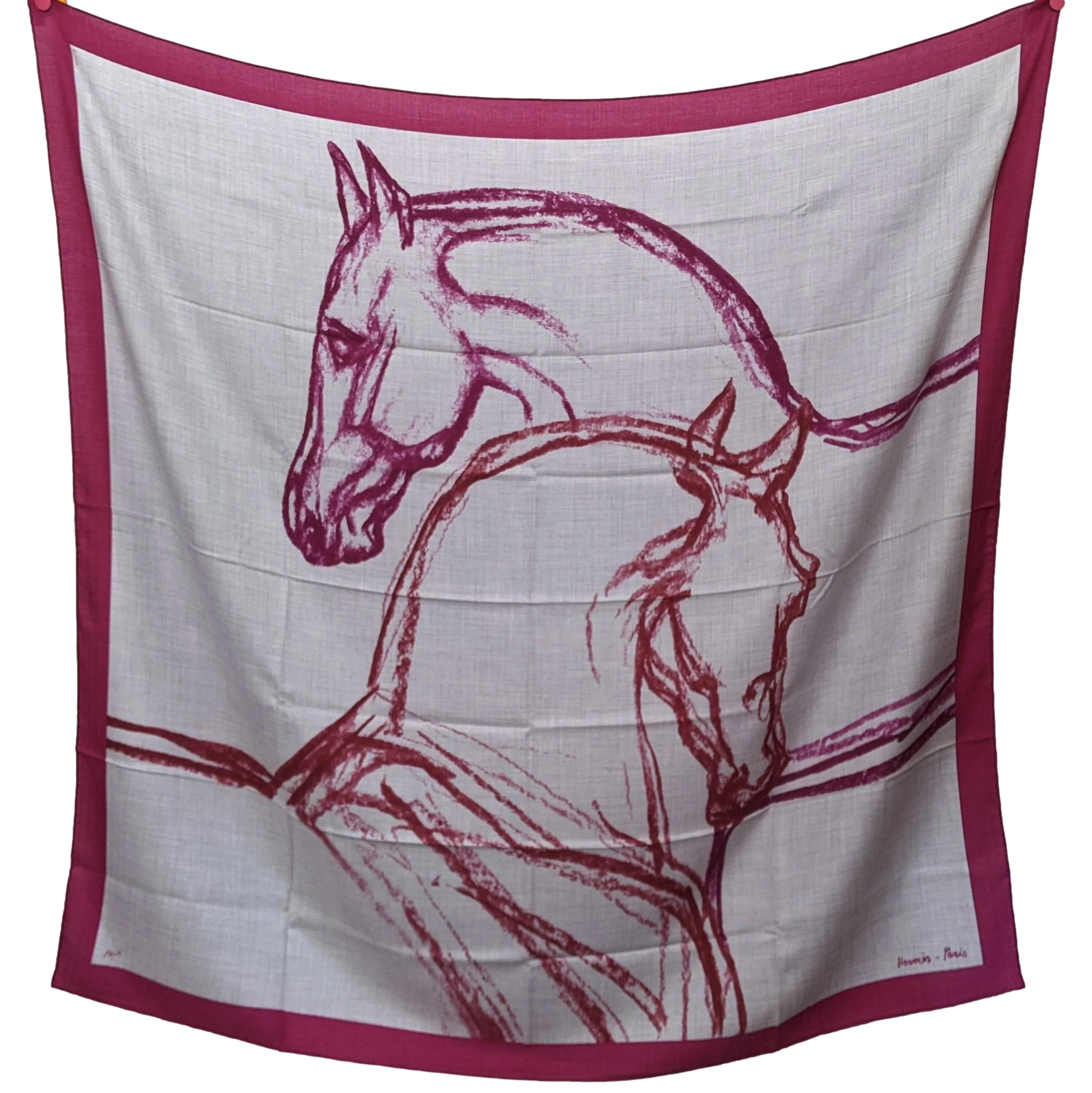 Hermes Gris Chine/Fuchsia "Chevaux au Pre" by Jean-Louis Sauvat Cashmere Shawl 140