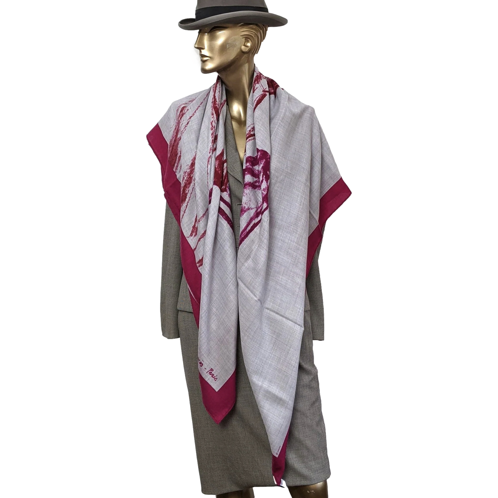 Hermes Gris Chine/Fuchsia "Chevaux au Pre" by Jean-Louis Sauvat Cashmere Shawl 140