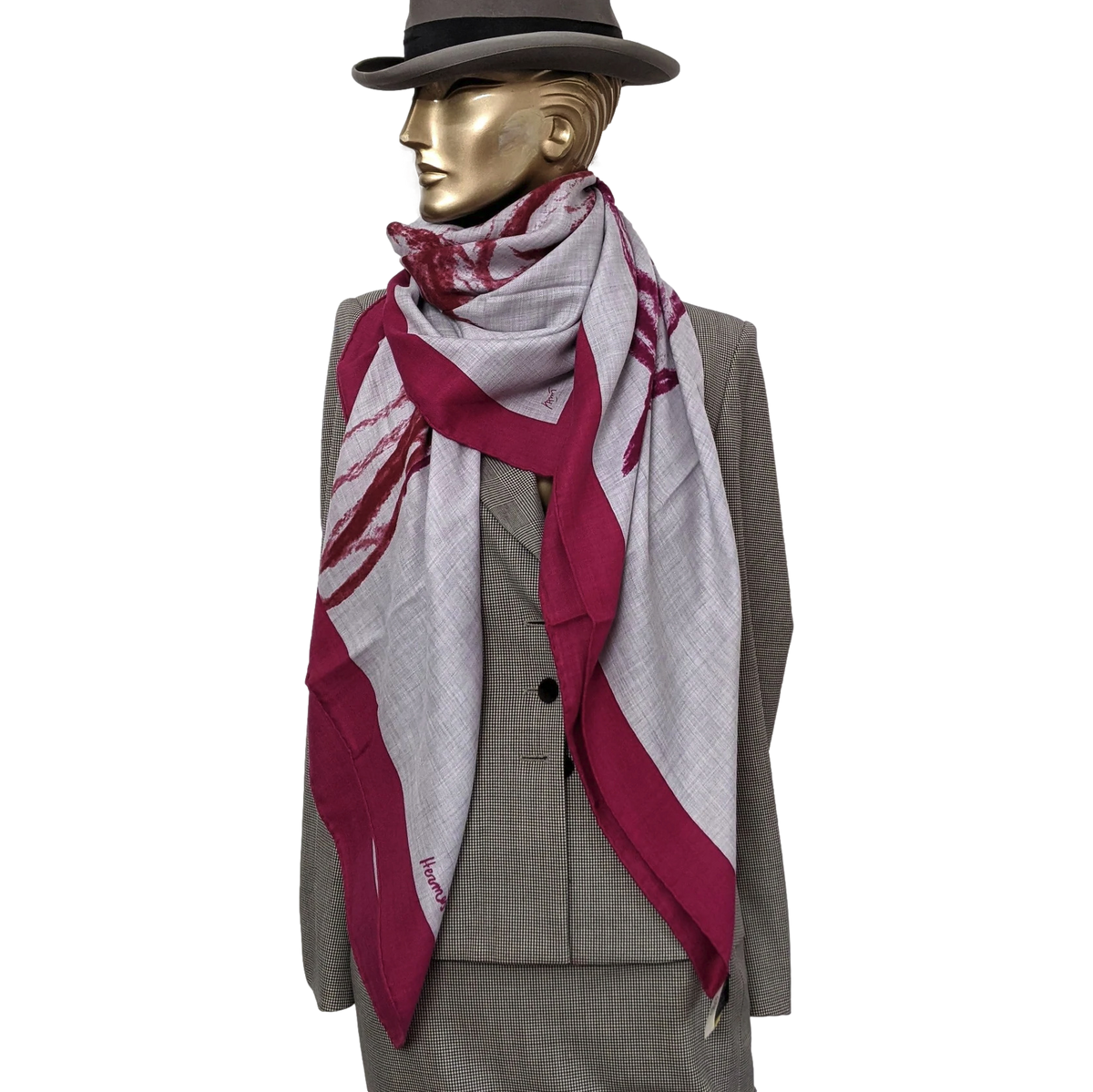 Hermes Gris Chine/Fuchsia "Chevaux au Pre" by Jean-Louis Sauvat Cashmere Shawl 140