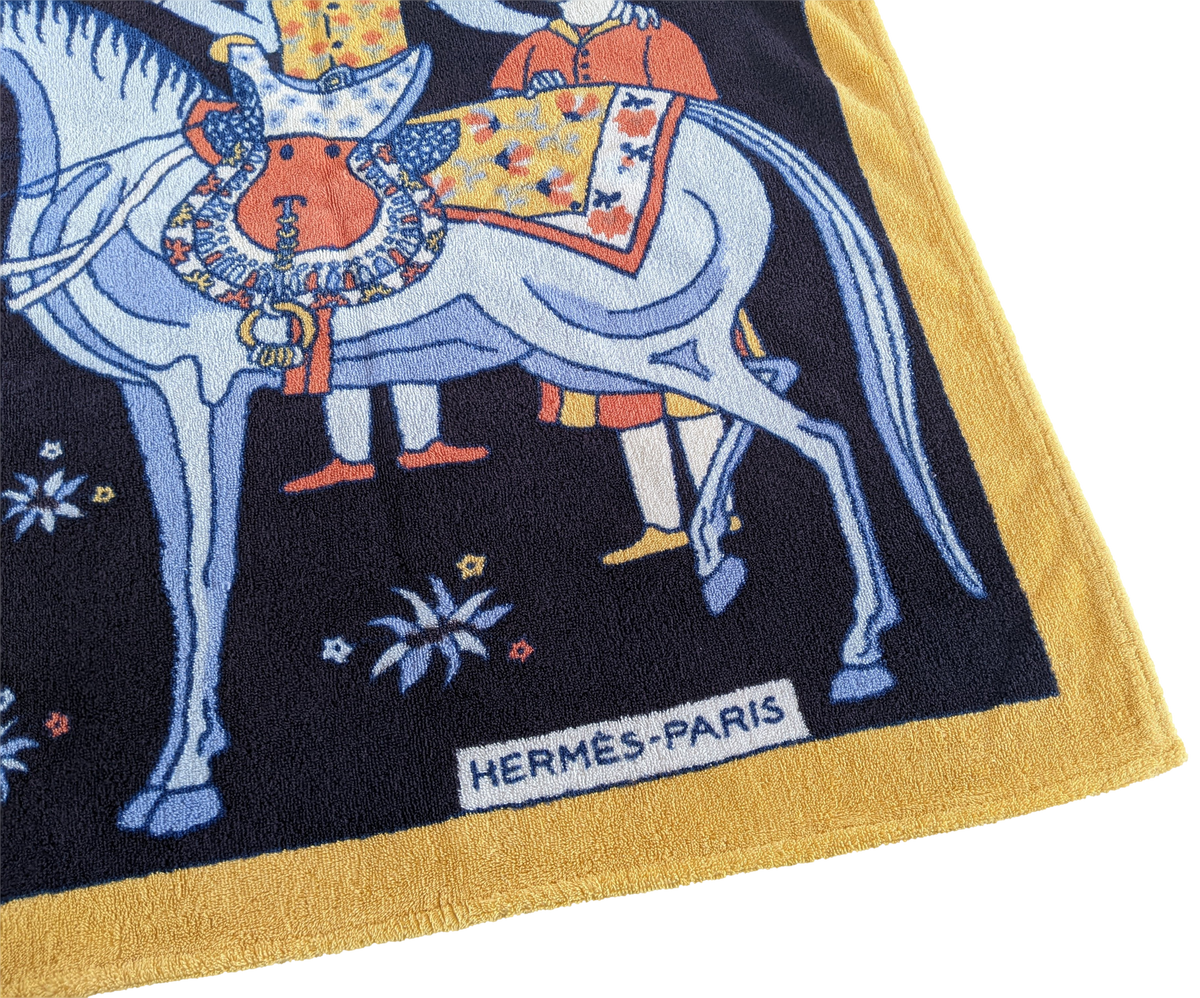 Hermes Noir/Jaune Or " Chevaux " Tapis de Plage Terry Beach Towel 150 x 90cm
