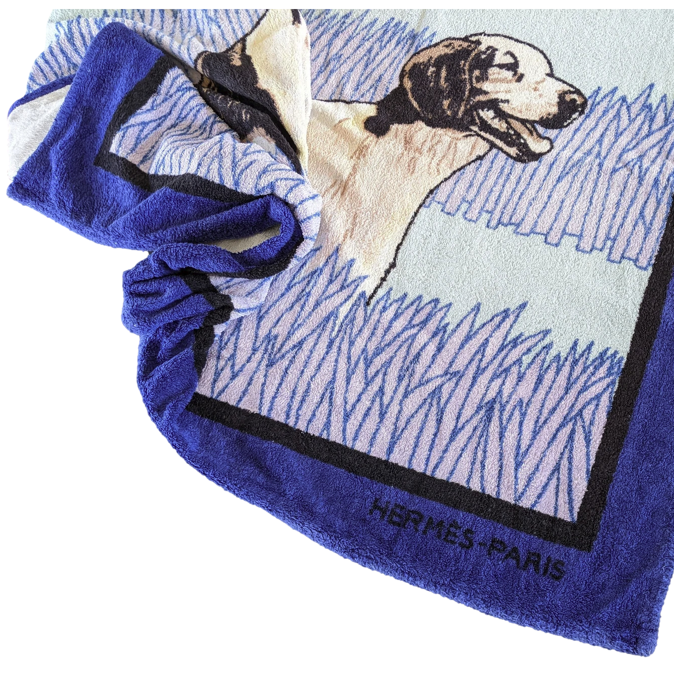 Hermes Vintage Bleu/ Vert D'eau/Lavande Cotton Terry "Chiens de Chasse" Beach Towel 90 x 150 cm