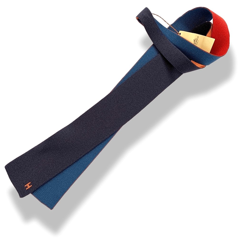 Hermes Chilli Pepper Ocean Navy Orange MAILLE DE SOIE 4 TEMPS 100% Mesh Silk Tie 7cm, NWT in Pochette! - poupishop