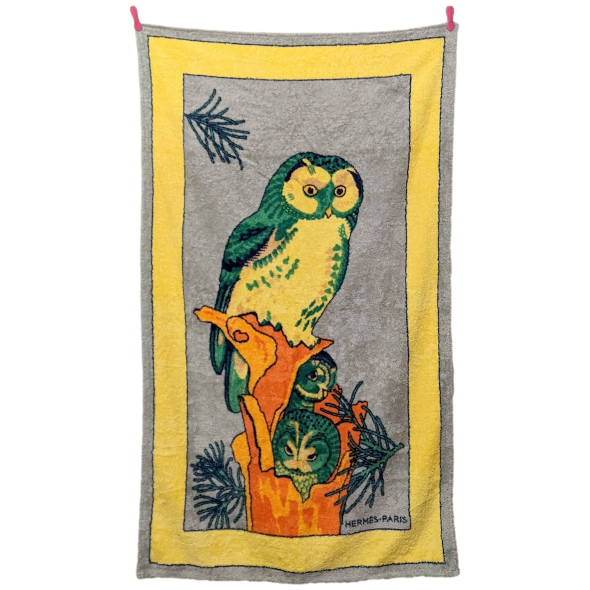 Produits Hermes Grey/Yellow/Green "Chouette" Owl Cotton Terry Beach Towel 90 x 150 cm